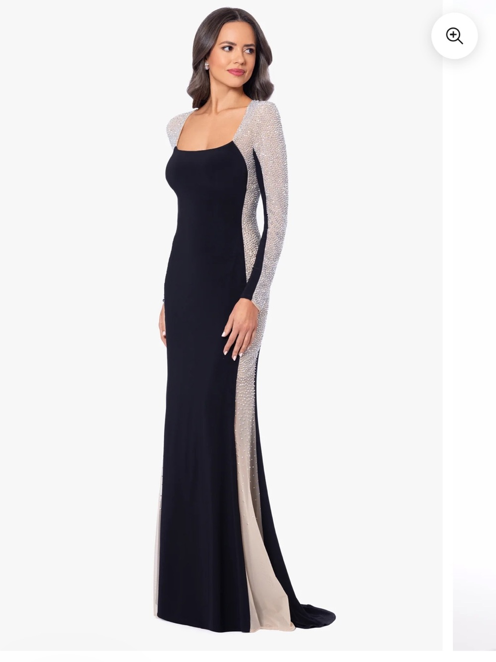 Xscape Black Evening Gown with Crystal-Embellished Nude Insets